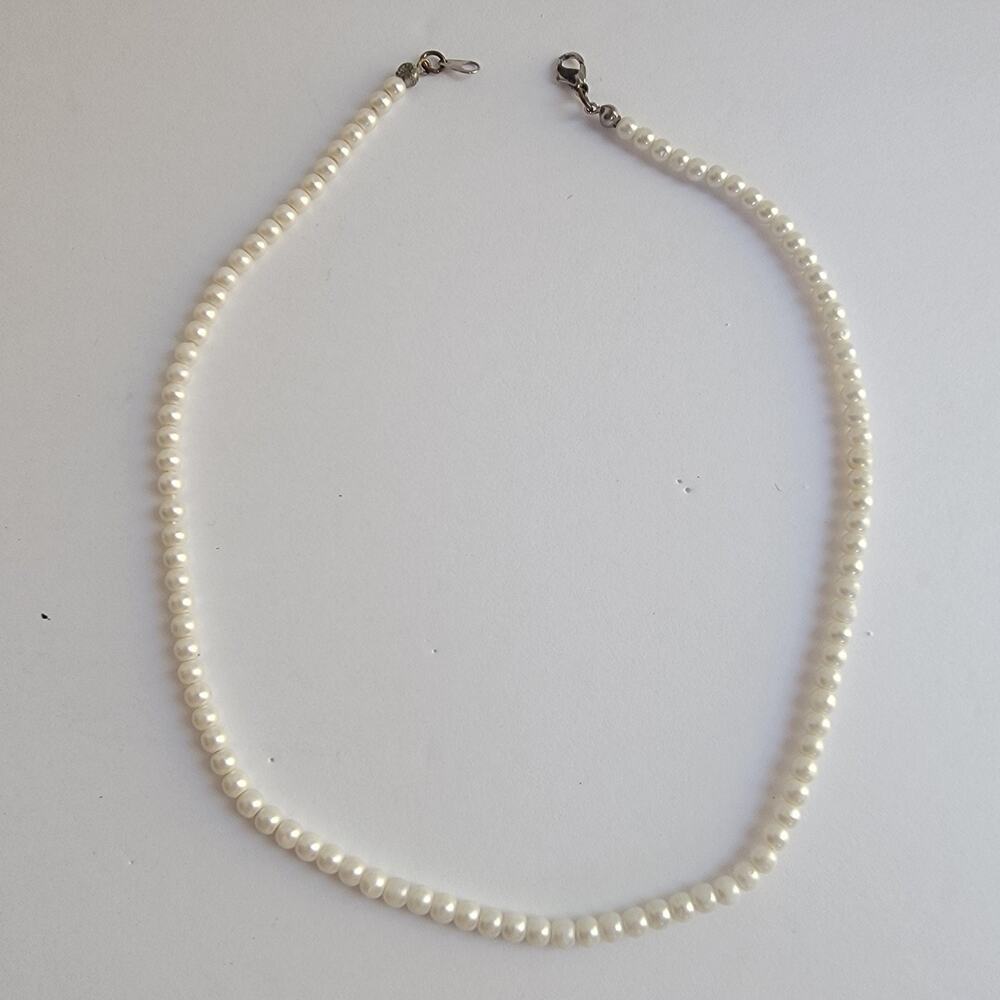 White Faux Pearl Beaded Necklace Single Strand Spring Ring Clasp 16 In Jewelry